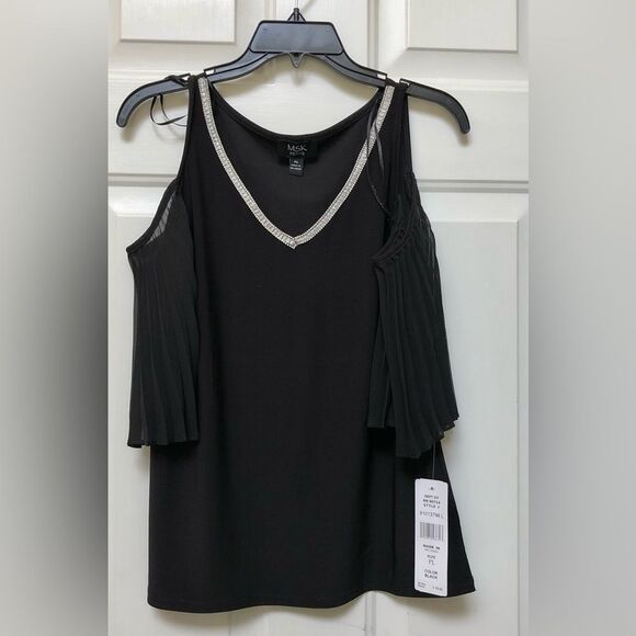 MSK WOMEN'S TOP SIZE PS and PL BLACK COLD SHOULDER METALLIC-TRIM PLEATED SLEEVES - Picture 1 of 8